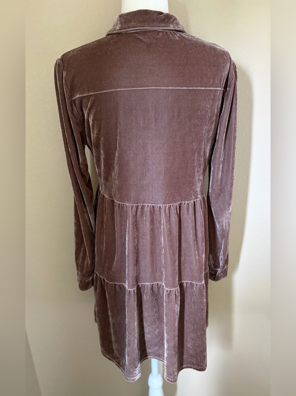 Umgee Mauve Velvet Tiered Shirt Dress Button Front Long Sleeve Size S - Picture 9 of 10